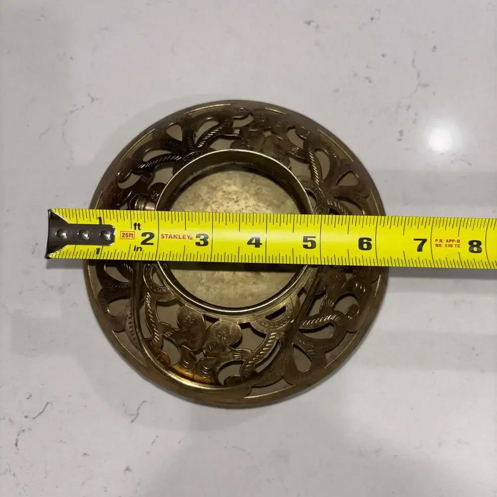 Vintage Hand-Etched Brass Tea Light Holder with Reticulated Floral Design